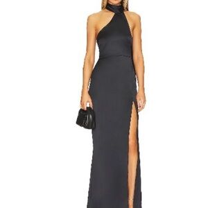 Lovers + Friends Black One-Shoulder Halter Maxi Dress with Side Slit